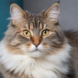 A fluffy, playful domestic cat with bright, attentive eyes and a bushy tail.