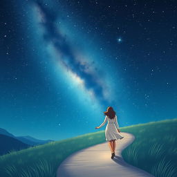 A magical and enchanting scene depicting a couple walking hand in hand along a tranquil, winding path under a stunning starry night sky