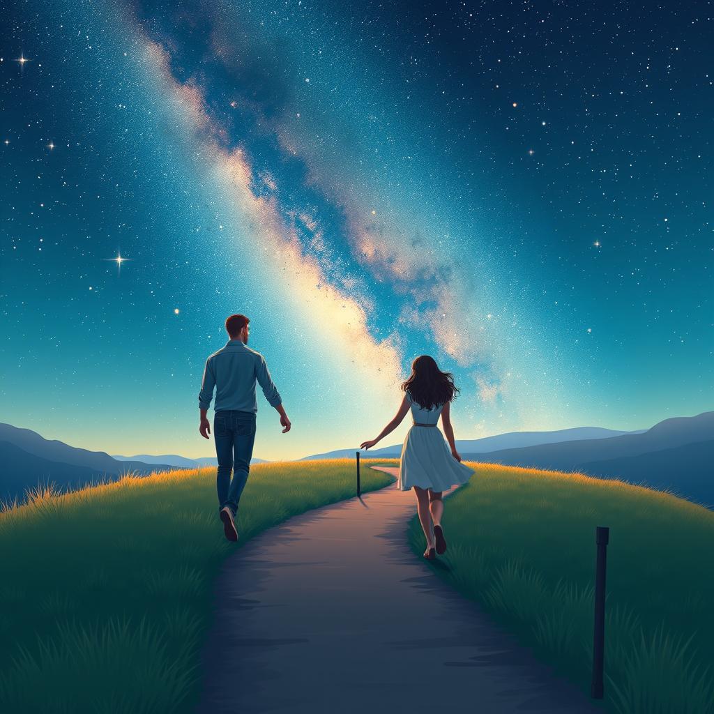 A magical and enchanting scene depicting a couple walking hand in hand along a tranquil, winding path under a stunning starry night sky