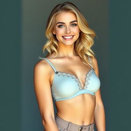 A young adult woman with blonde hair, featuring a confident pose showcasing her stylish outfit which includes a fashionable and tasteful bra