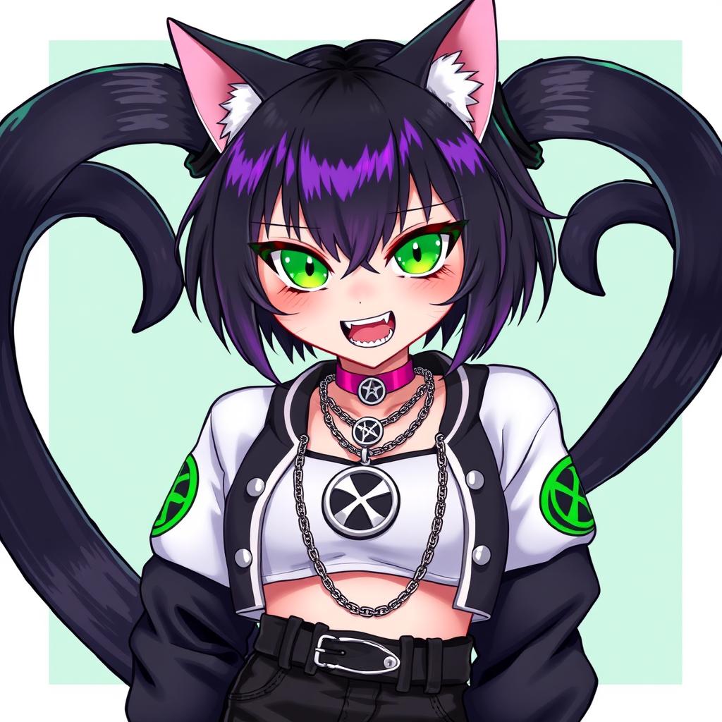 A vibrant illustration of a 27-year-old female Nekomata VTuber with two sleek black tails