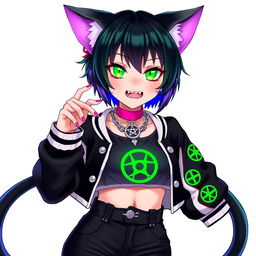 A vibrant illustration of a 27-year-old female Nekomata VTuber with two sleek black tails