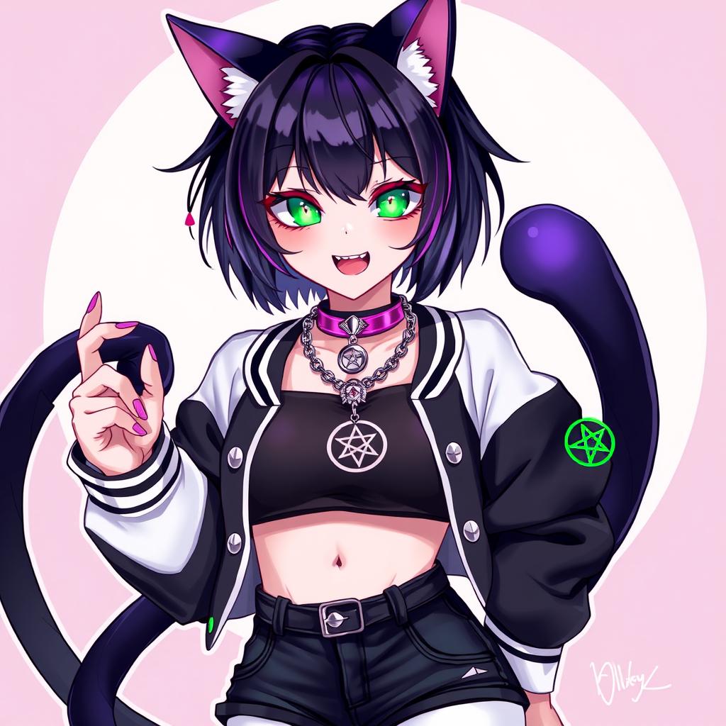 A vibrant illustration of a 27-year-old female Nekomata VTuber with two sleek black tails