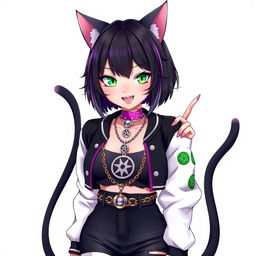 A vibrant illustration of a 27-year-old female Nekomata VTuber with two sleek black tails