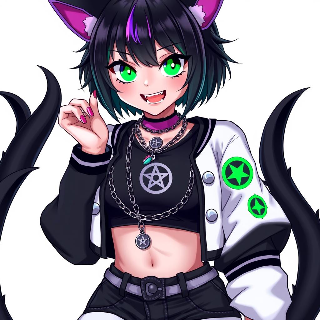 A 27-year-old female nekomata with two black tails, exhibiting a striking appearance, characterized by short black hair interwoven with purple highlights