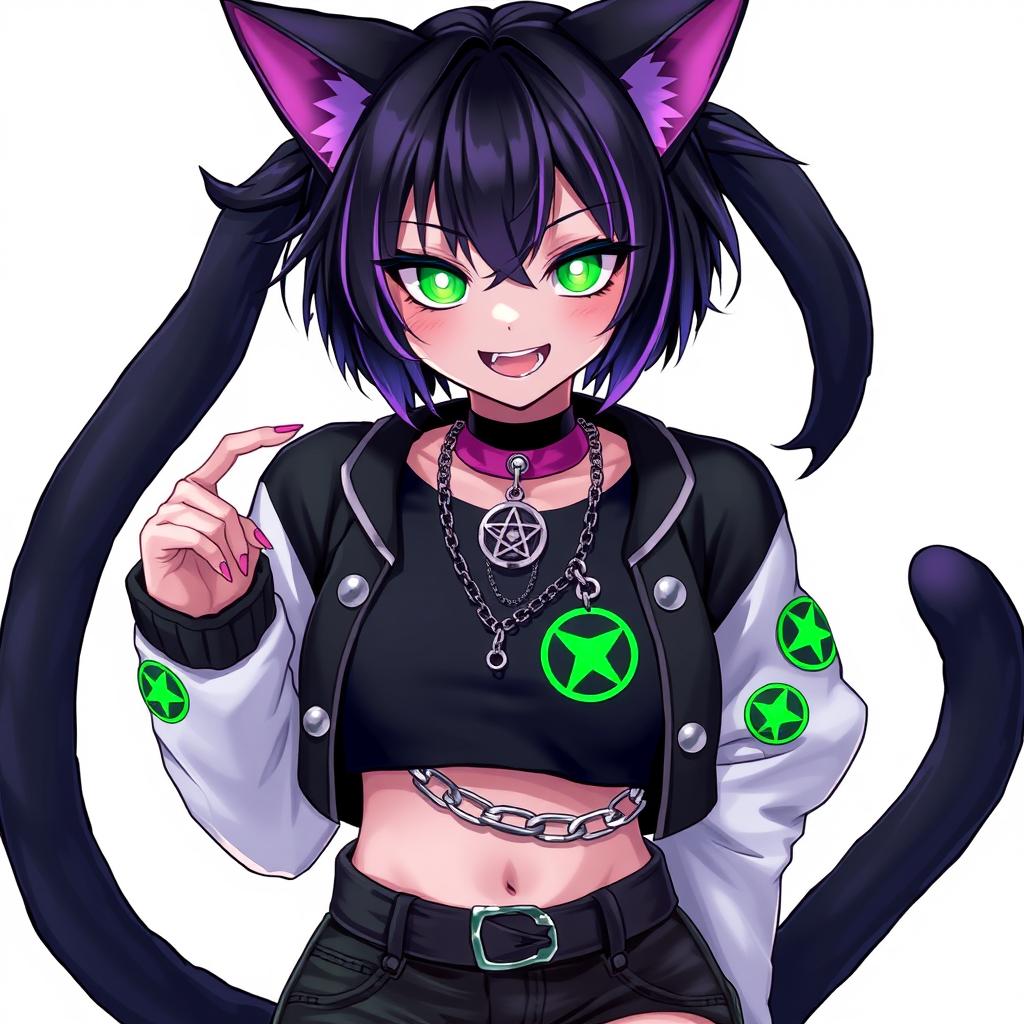 A 27-year-old female nekomata with two black tails, exhibiting a striking appearance, characterized by short black hair interwoven with purple highlights