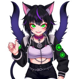 A 27-year-old female nekomata with two black tails, exhibiting a striking appearance, characterized by short black hair interwoven with purple highlights