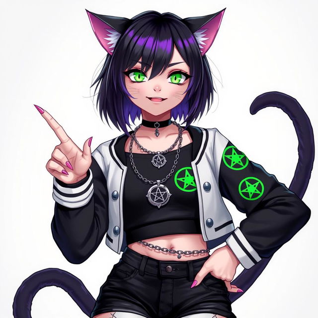 A 27-year-old cat girl with two tails, featuring short black hair highlighted with purple streaks