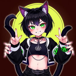 A 27-year-old cat girl with two tails, featuring short black hair highlighted with purple streaks