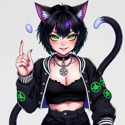 A 27-year-old cat girl with two tails, featuring short black hair highlighted with purple streaks