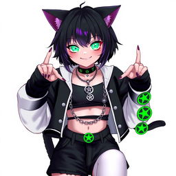 A 27-year-old cat girl with two tails, featuring short black hair highlighted with purple streaks