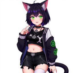 Anime style, 27-year-old cat girl with two tails, short black hair with purple highlights, and glowing bright green cat eyes