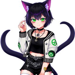 Anime style, 27-year-old cat girl with two tails, short black hair with purple highlights, and glowing bright green cat eyes