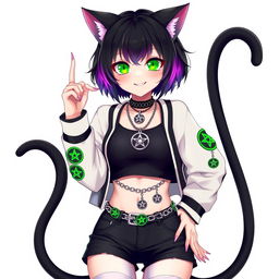 Anime style, 27-year-old cat girl with two tails, short black hair with purple highlights, and glowing bright green cat eyes