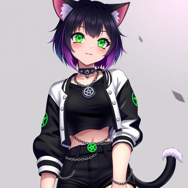 Anime style, 27-year-old cat girl with two tails, short black hair with purple highlights, and glowing bright green cat eyes