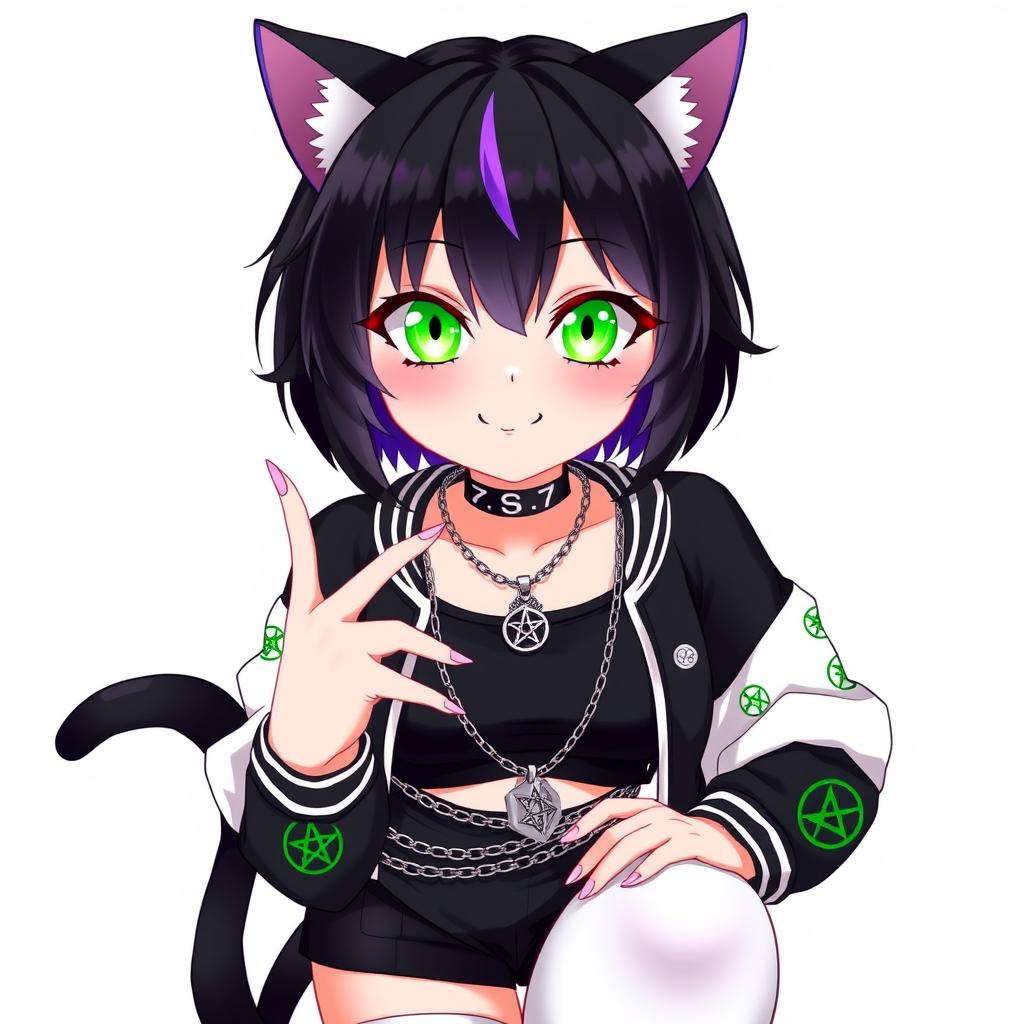 Anime style illustration of a 27-year-old cat girl with two tails, featuring short black hair with purple highlights