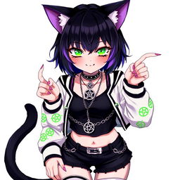 Anime style illustration of a 27-year-old cat girl with two tails, featuring short black hair with purple highlights