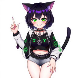 Anime style illustration of a 27-year-old cat girl with two tails, featuring short black hair with purple highlights