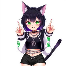 Anime style illustration of a 27-year-old cat girl with two tails, featuring short black hair with purple highlights