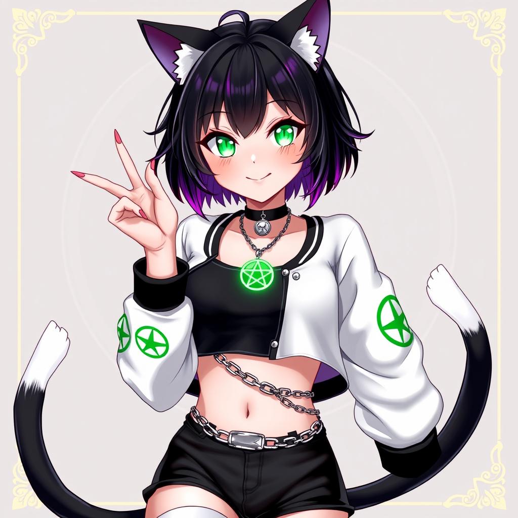 Anime style 27-year-old cat girl with two tails, short black hair highlighted with purple, and glowing bright green cat eyes