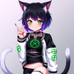 Anime style 27-year-old cat girl with two tails, short black hair highlighted with purple, and glowing bright green cat eyes