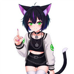 Anime style 27-year-old cat girl with two tails, short black hair highlighted with purple, and glowing bright green cat eyes