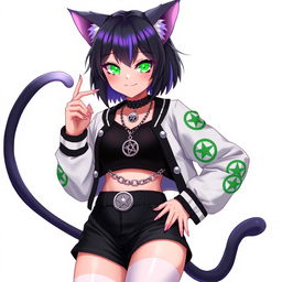 Anime style 27-year-old cat girl with two tails, short black hair highlighted with purple, and glowing bright green cat eyes