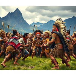 A historical scene depicting a confrontation between the Mapuches and Incas