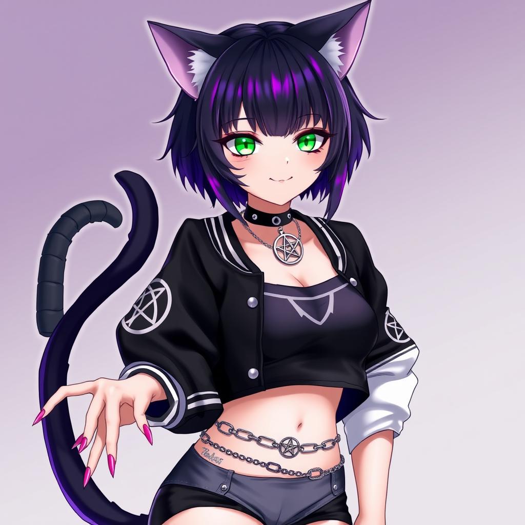 Anime style illustration of a captivating 27-year-old cat girl with two tails, featuring short black hair with vibrant purple highlights, glowing bright green cat eyes, and sharp pink nails