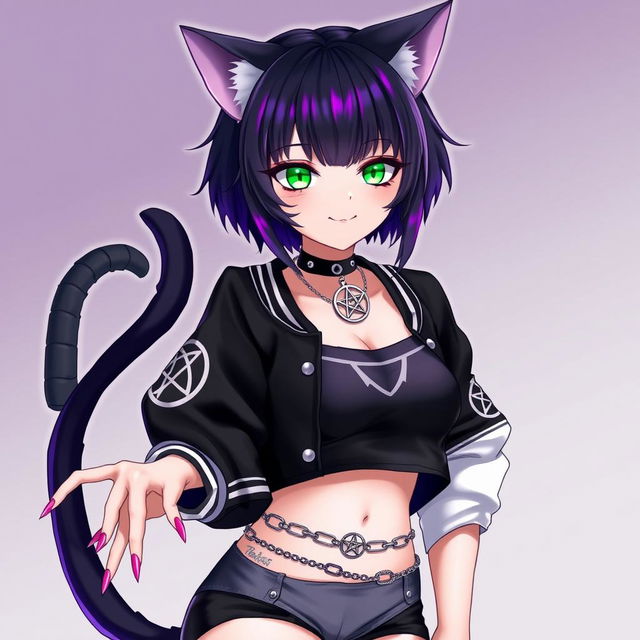 Anime style illustration of a captivating 27-year-old cat girl with two tails, featuring short black hair with vibrant purple highlights, glowing bright green cat eyes, and sharp pink nails