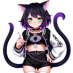 Anime style illustration of a captivating 27-year-old cat girl with two tails, featuring short black hair with vibrant purple highlights, glowing bright green cat eyes, and sharp pink nails