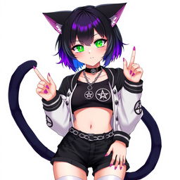 Anime style illustration of a captivating 27-year-old cat girl with two tails, featuring short black hair with vibrant purple highlights, glowing bright green cat eyes, and sharp pink nails