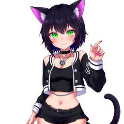 Anime style illustration of a captivating 27-year-old cat girl with two tails, featuring short black hair with vibrant purple highlights, glowing bright green cat eyes, and sharp pink nails