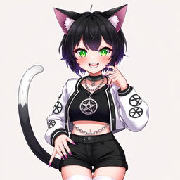 Anime style illustration featuring a 27-year-old cat girl with two tails, short black hair with purple highlights, glowing bright green cat eyes, and sharp pink nails