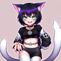 Anime style illustration featuring a 27-year-old cat girl with two tails, short black hair with purple highlights, glowing bright green cat eyes, and sharp pink nails