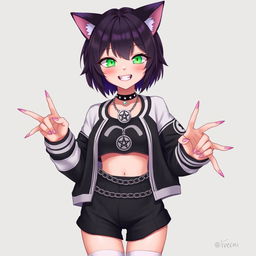 Anime style illustration featuring a 27-year-old cat girl with two tails, short black hair with purple highlights, glowing bright green cat eyes, and sharp pink nails