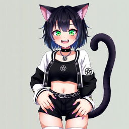 Anime style illustration featuring a 27-year-old cat girl with two tails, short black hair with purple highlights, glowing bright green cat eyes, and sharp pink nails