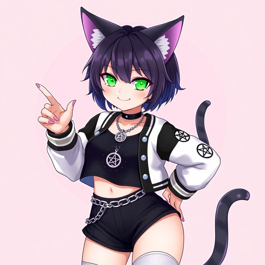 Anime-style illustration of a 27-year-old cat girl with two tails, featuring short black hair with purple highlights and glowing bright green cat eyes