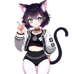 Anime-style illustration of a 27-year-old cat girl with two tails, featuring short black hair with purple highlights and glowing bright green cat eyes