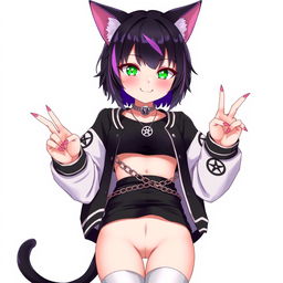 Anime-style illustration of a 27-year-old cat girl with two tails, featuring short black hair with purple highlights and glowing bright green cat eyes