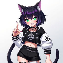 Anime-style illustration of a 27-year-old cat girl with two tails, featuring short black hair with purple highlights and glowing bright green cat eyes