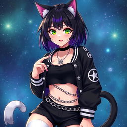 Anime style depiction of a 27-year-old cat girl with two tails