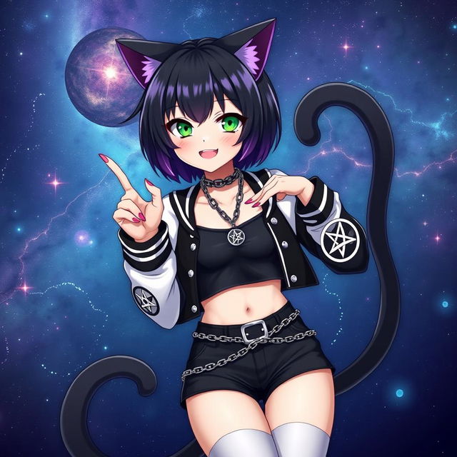 Anime style depiction of a 27-year-old cat girl with two tails