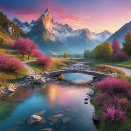 A fantastical landscape at sunrise, with majestic mountains, a sparkling river with a charming little bridge and a sky filled with vibrant colors of dawn