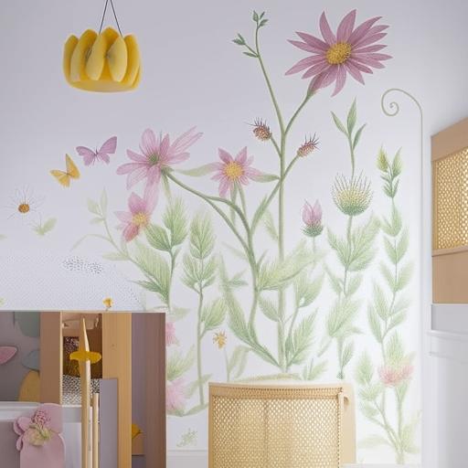 A child's room interior decor themed around pollination, featuring wall murals of colorful flowers, bee patterned bedsheets, butterfly curtains, and lampshades designed like honeycombs.