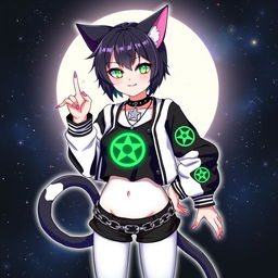 Anime style illustration of a 27-year-old cat girl with two tails