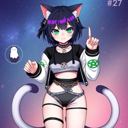 Anime style illustration of a 27-year-old cat girl with two tails