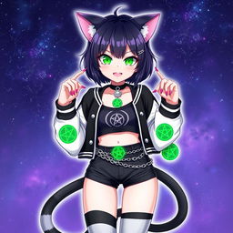 Anime style illustration of a 27-year-old cat girl with two tails