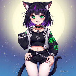 Anime style illustration of a 27-year-old cat girl with two tails