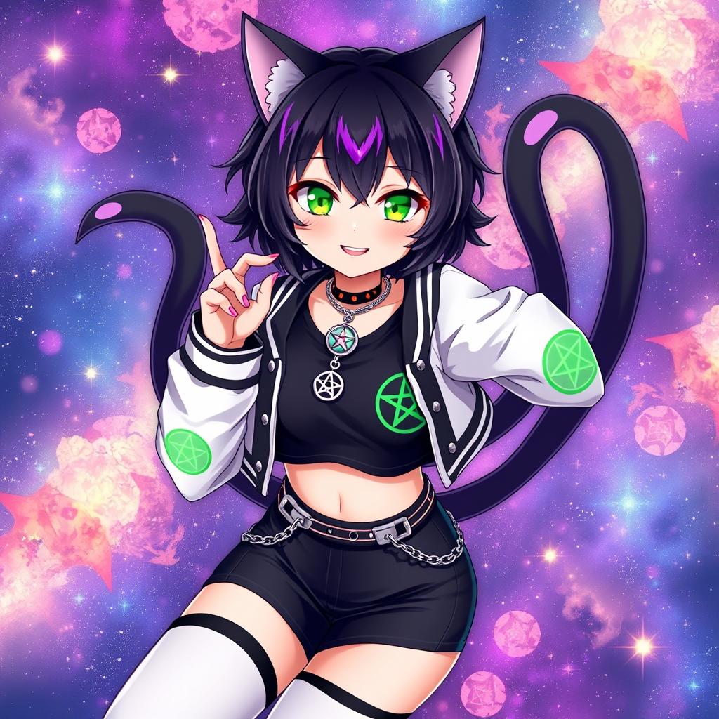 Anime style illustration of a 27-year-old cat girl with two tails